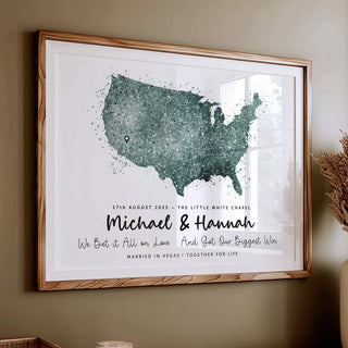 Framed map of the United States with personalized text on a wall.