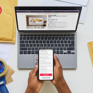 Person using a smartphone with a shopping app next to an open laptop on a desk.