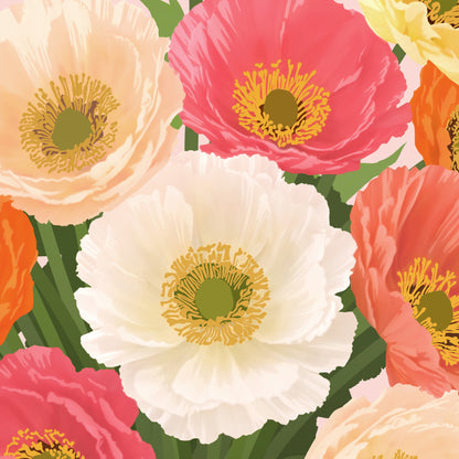 Colorful floral pattern with pink, white, and orange flowers on a green background