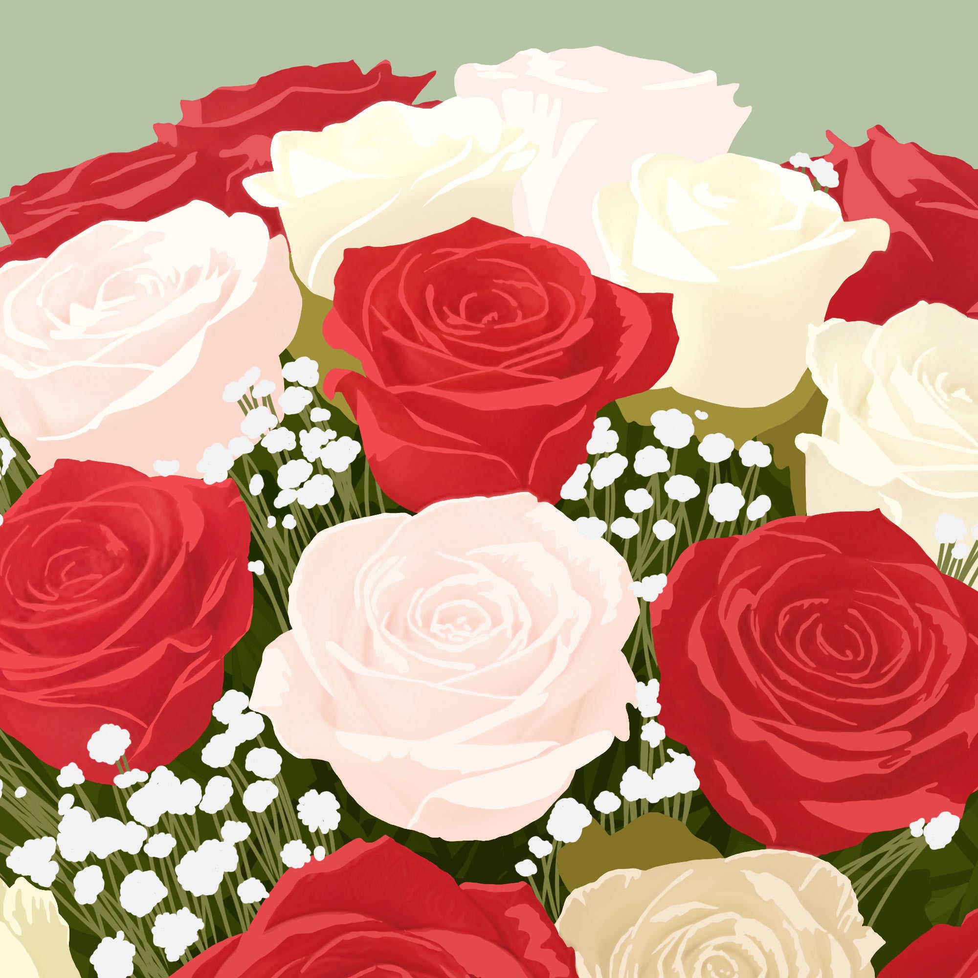 Bouquet of red, white, and pink roses with baby's breath on a green background