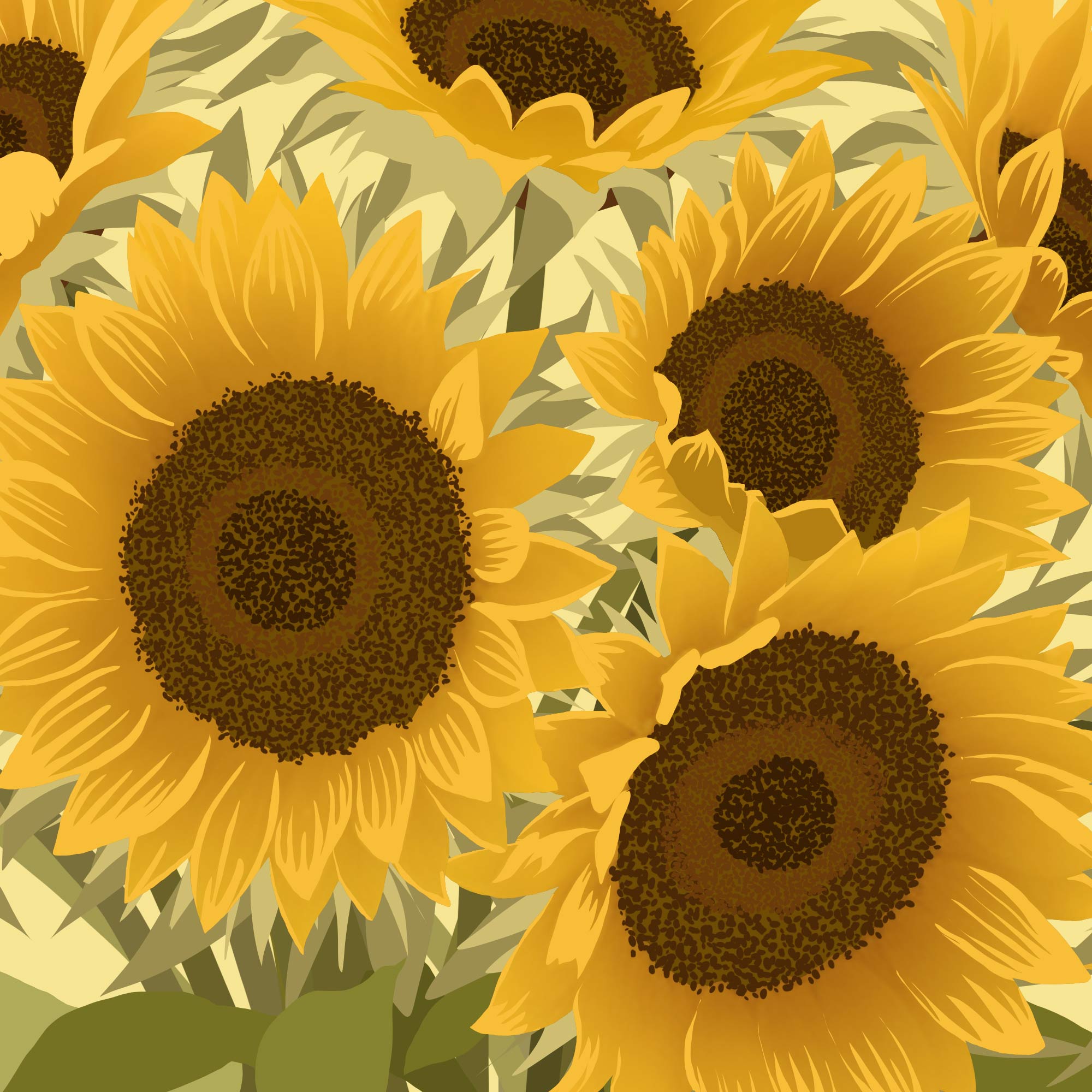 Pattern of sunflowers with green leaves on a yellow background